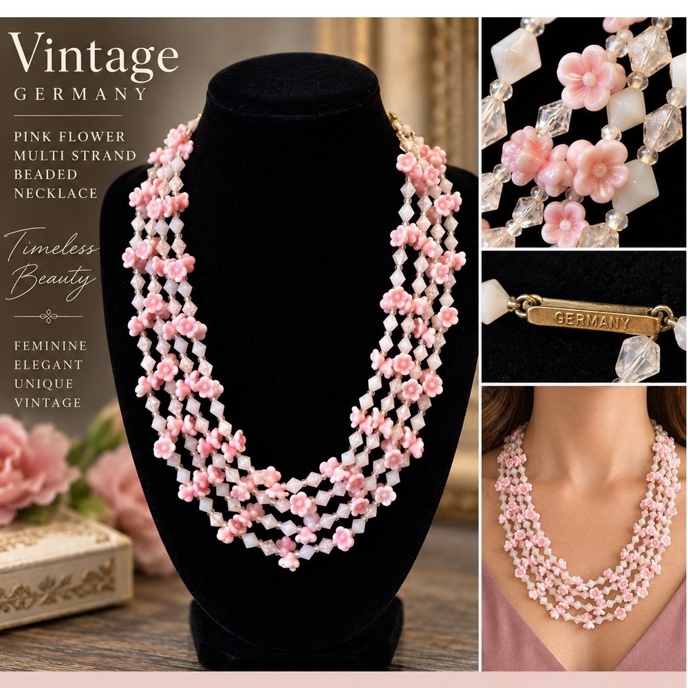 Vintage Germany Pink Flower Multi Strand Beaded Statement Necklace